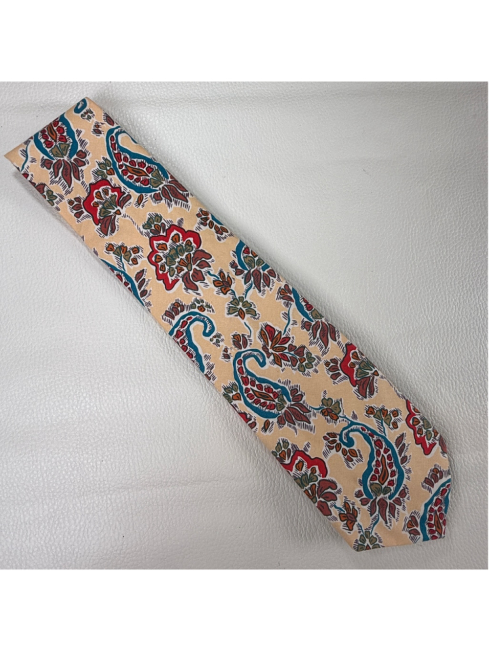 Domani Paris Vintage Silk Tie Paisley Floral Necktie Tan Teal Red Wide 3.5”